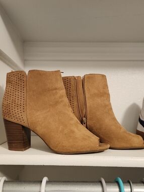 Old Navy Tan Suede Peep-Toe Ankle Booties with Perforated Heel